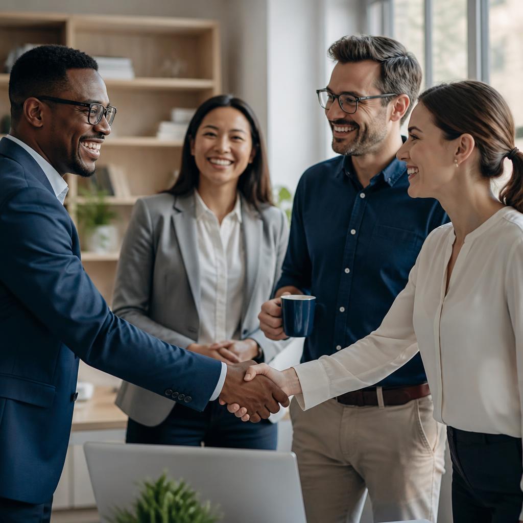 A diverse group of business professionals sharing a warm handshake and celebratory moment after achieving something together